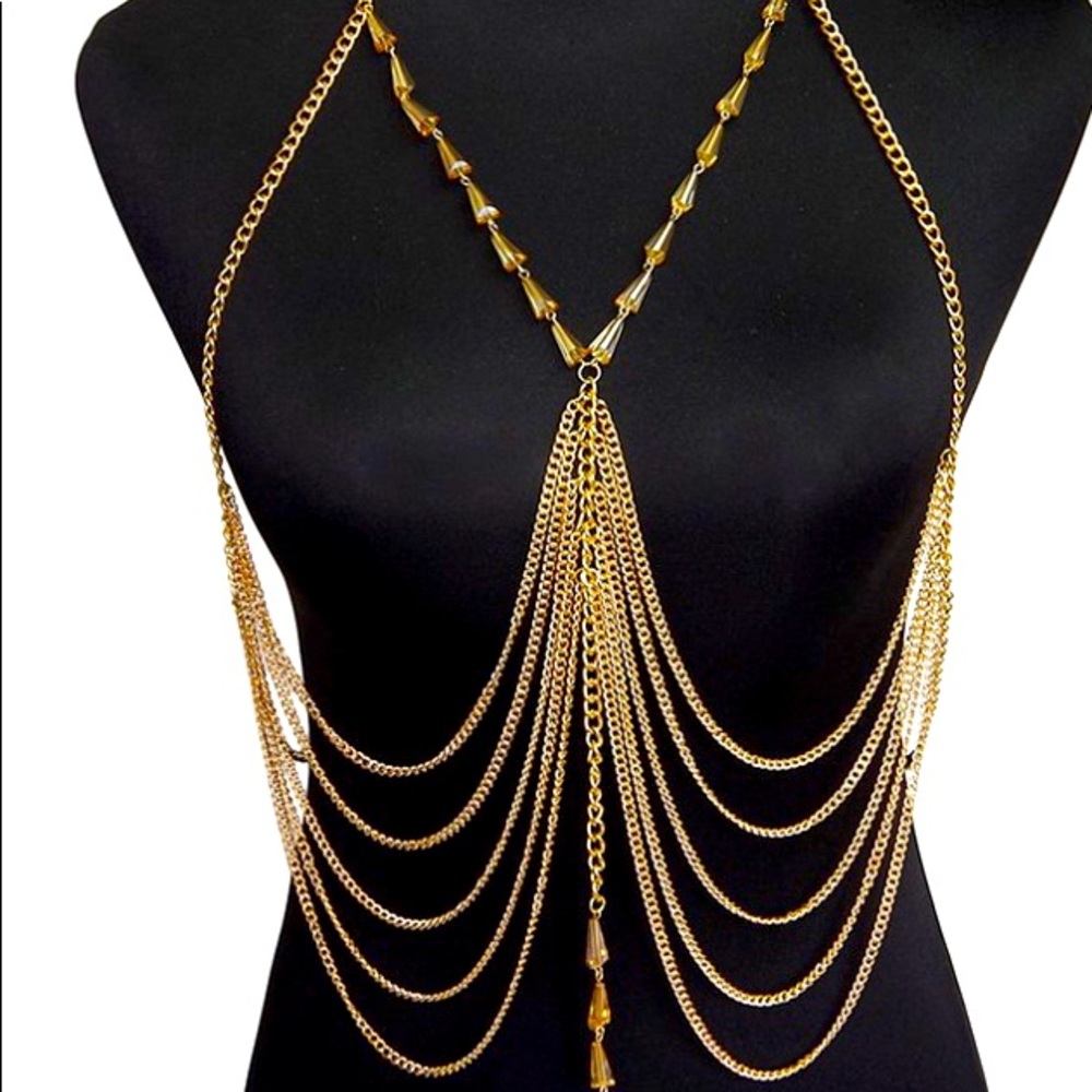 Gold Tone Front Drop Body Chain Necklace